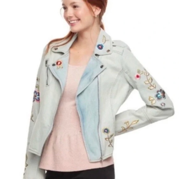 NWT Candie’s Embroidered Moto Denim Jean Jacket Size Large - Picture 2 of 9